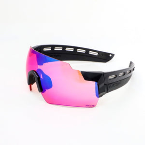 Sunglasses with pink reflective lenses on a white background