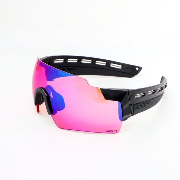 Sunglasses with pink reflective lenses on a white background